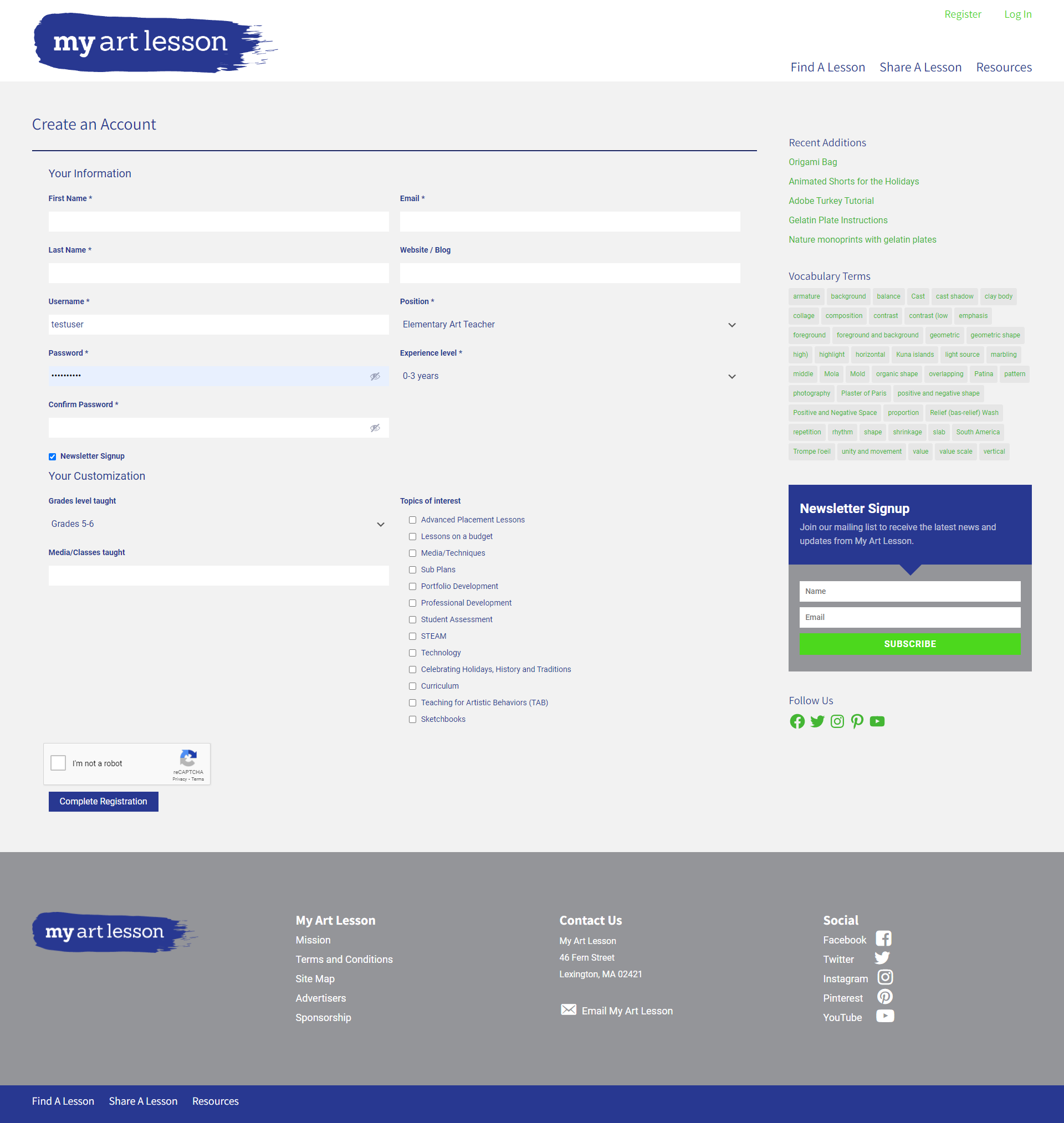 My Art Lesson registration