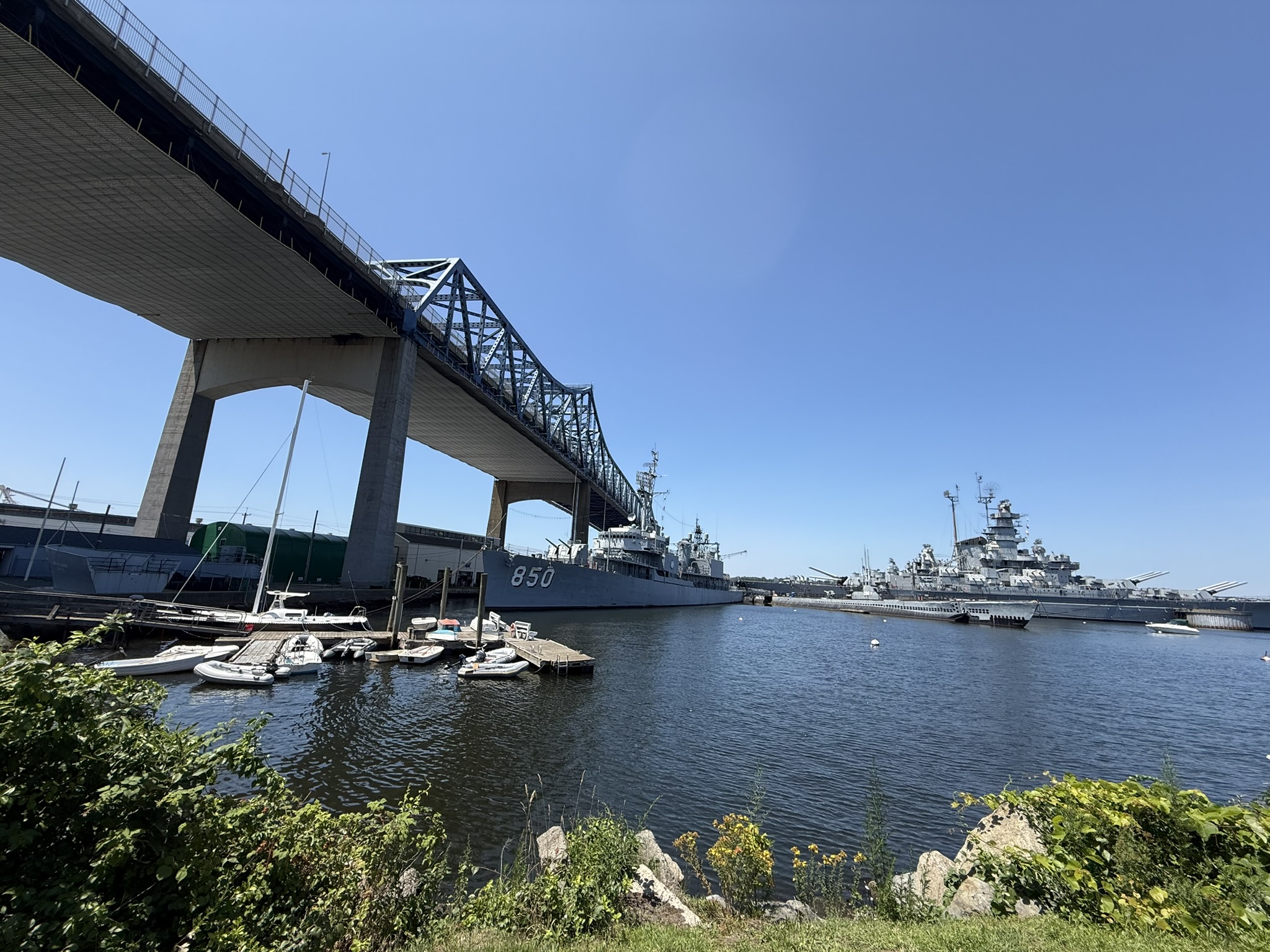 Battleship Cove + Braga Bridge crossing the Taunton River in Fall River, MA