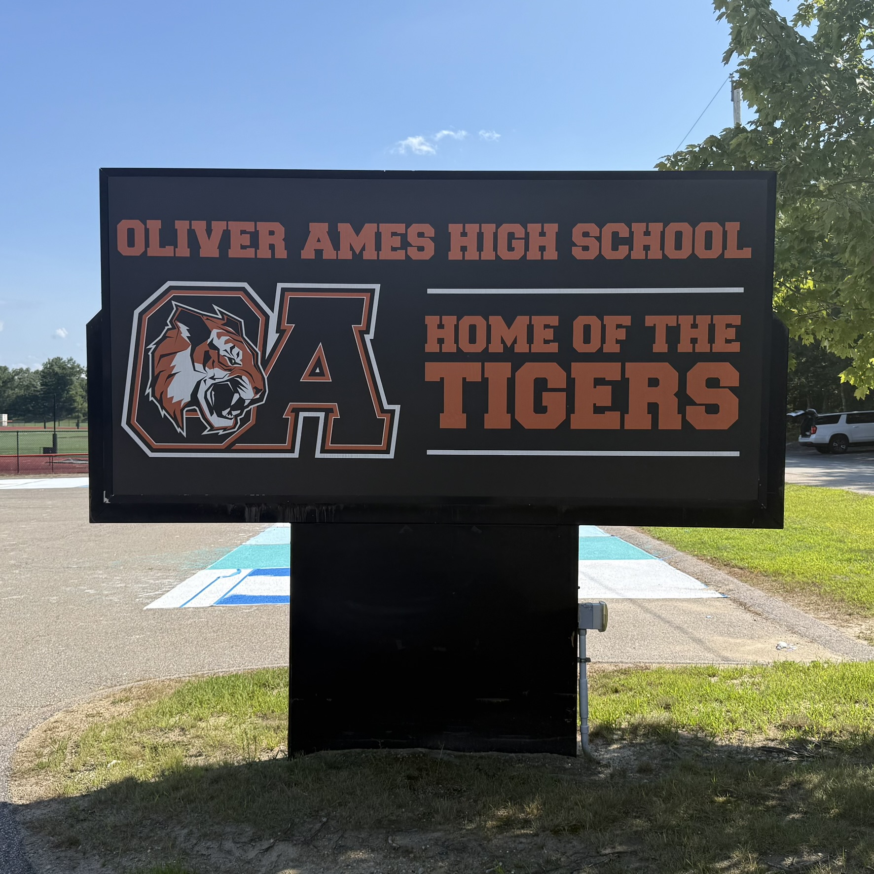 Oliver Ames High School, Home of the Tigers sign in Easton, MA